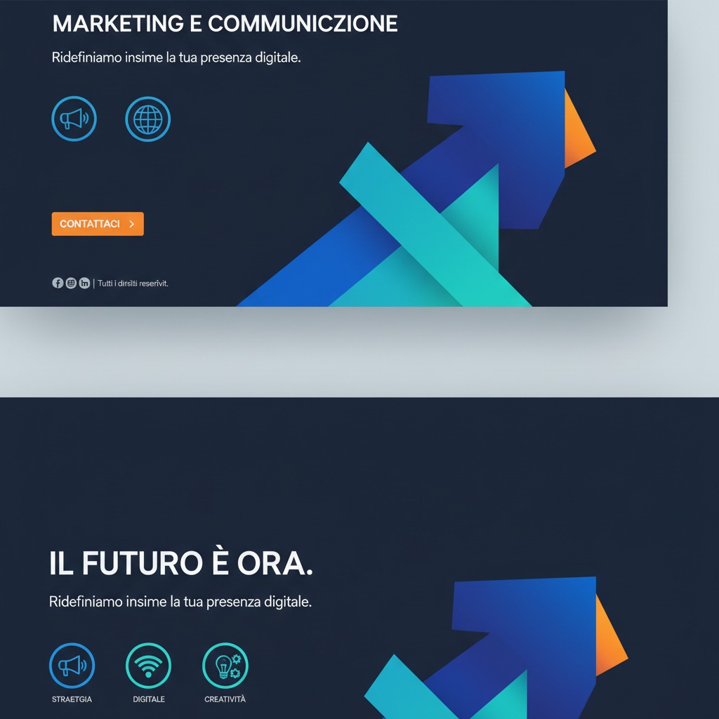 Banner blu scuro con il testo Marketing e Comunicazione, icone di servizi e frecce geometriche colorate che puntano verso l'alto.