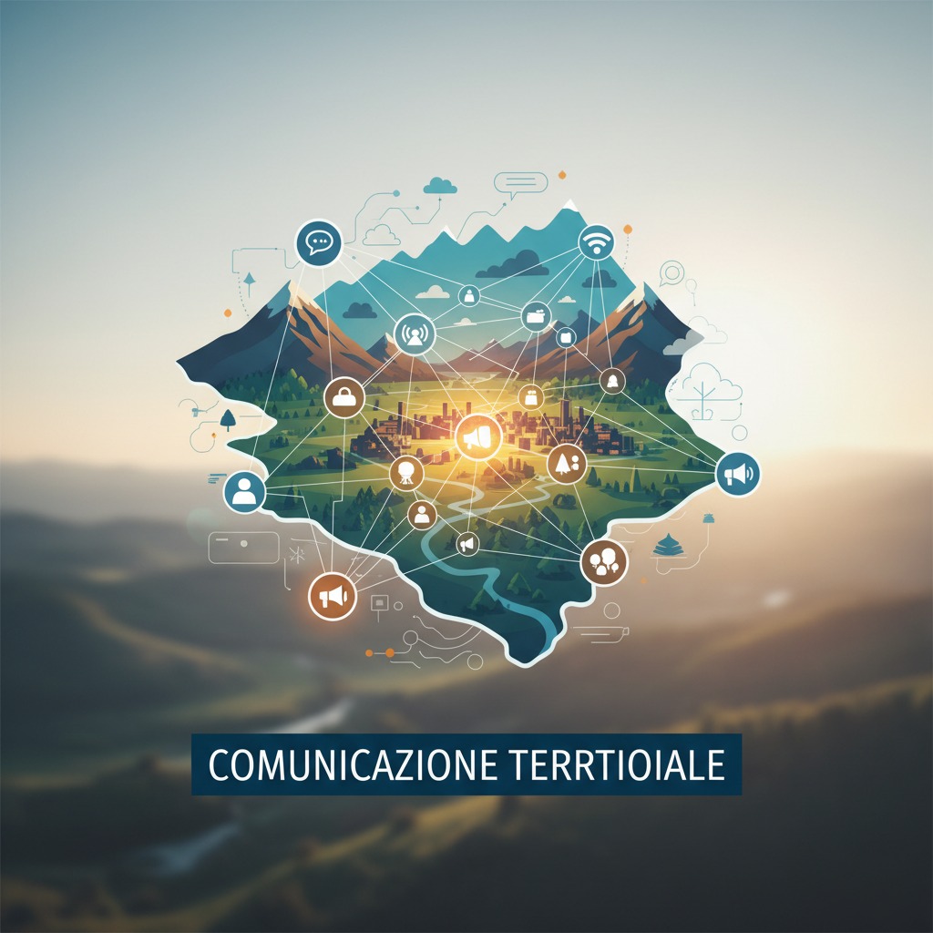 Un'illustrazione digitale mostra una rete di comunicazione che collega montagne, valli e una città, sovrapposta alla scritta COMUNICAZIONE TERRITORIALE.