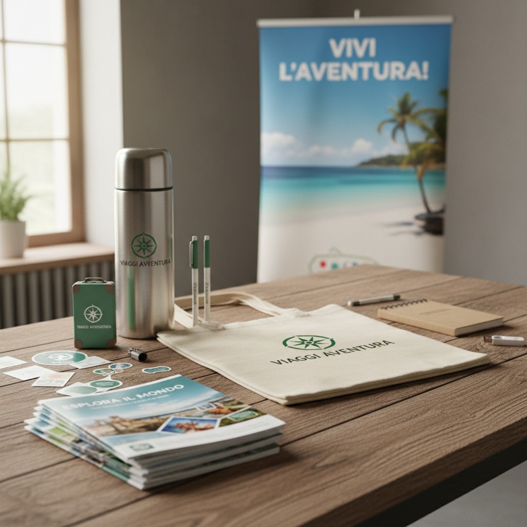 Una scrivania in legno mostra diversi articoli promozionali per un'agenzia di viaggi, tra cui una borsa di tela, una borraccia e dei dépliant con il logo aziendale.