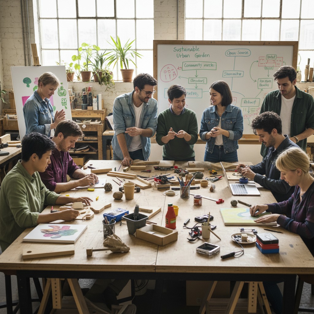 Un gruppo di persone collabora intorno a un grande tavolo in legno in un laboratorio luminoso.