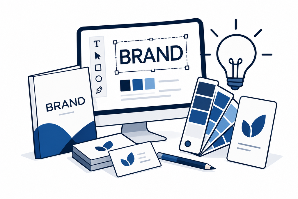 Progettazione dell'identità visiva del brand con logo, palette colori e materiali grafici coordinati