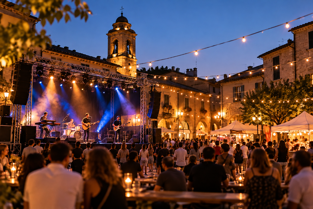 Concerto dal vivo in una piazza storica con palco illuminato e pubblico durante una manifestazione