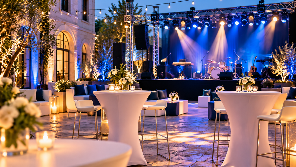 Allestimento elegante per eventi aziendali con palco illuminato e area ospiti, esempio dei progetti per cui richiedere un preventivo MKG Agency.
