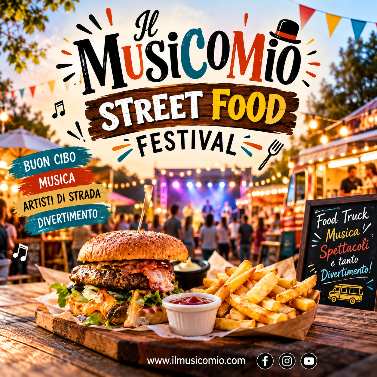 Locandina Musicomio Street Food Festival, evento dedicato allo street food, alla musica e all'intrattenimento.