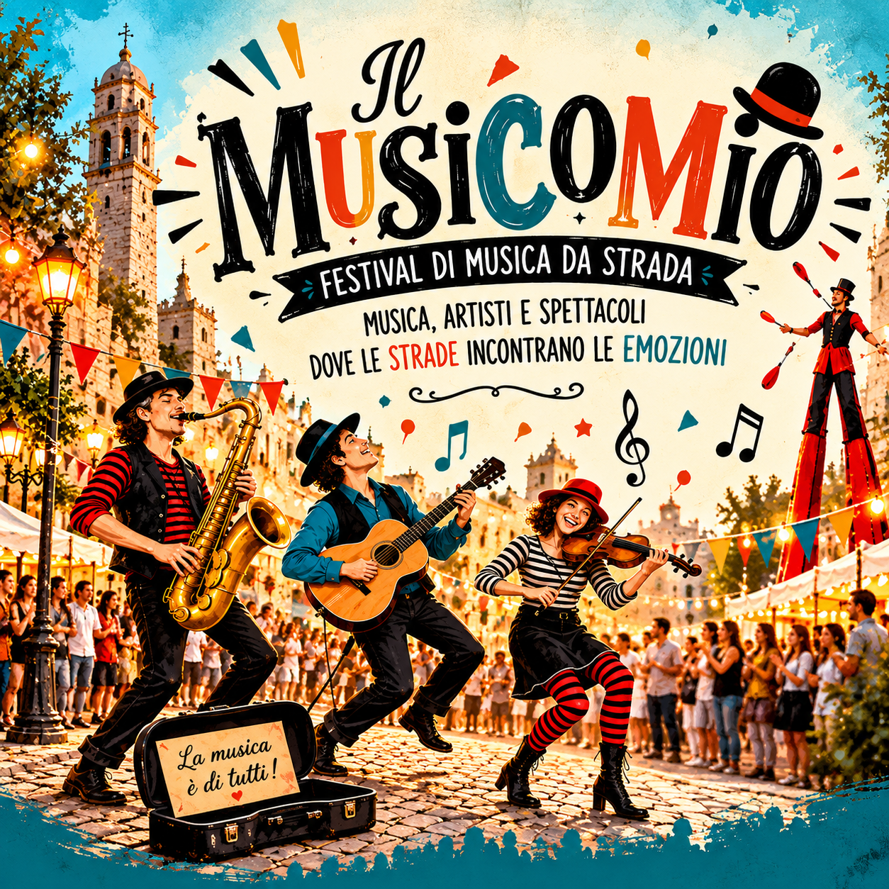Locandina del Festival della Musica di Strada di Il Musicomio, con musicisti e artisti di strada.