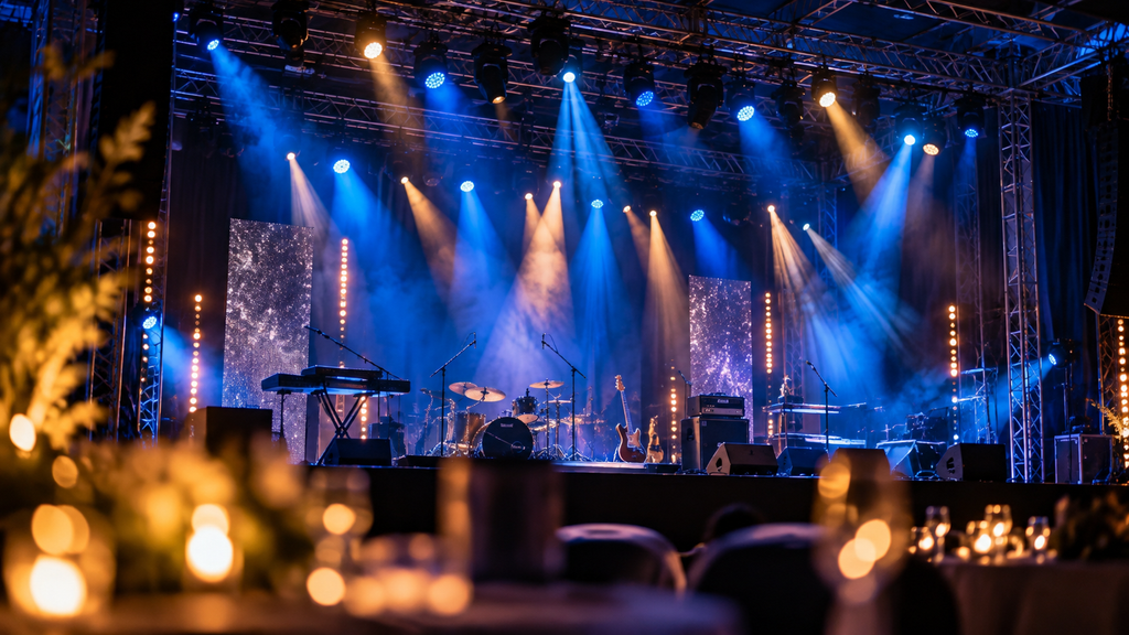 Palco con strumenti musicali e illuminazione scenografica per concerti e spettacoli dal vivo
