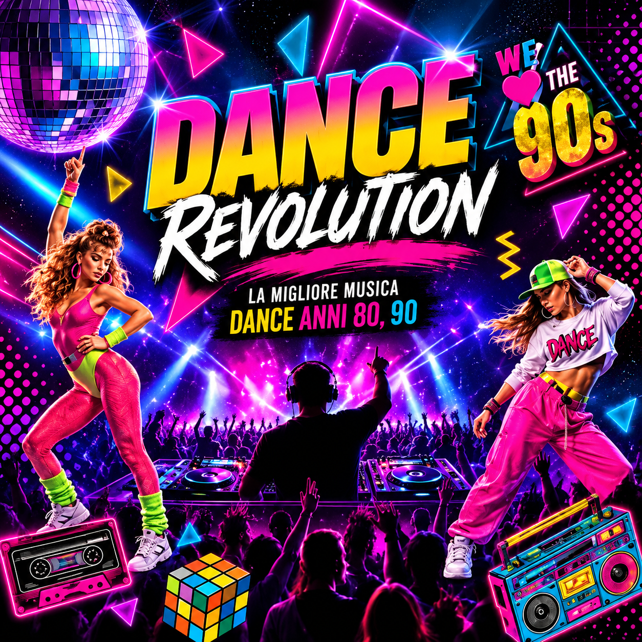 Locandina Dance Revolution, spettacolo musicale dedicato alla dance degli anni Novanta.