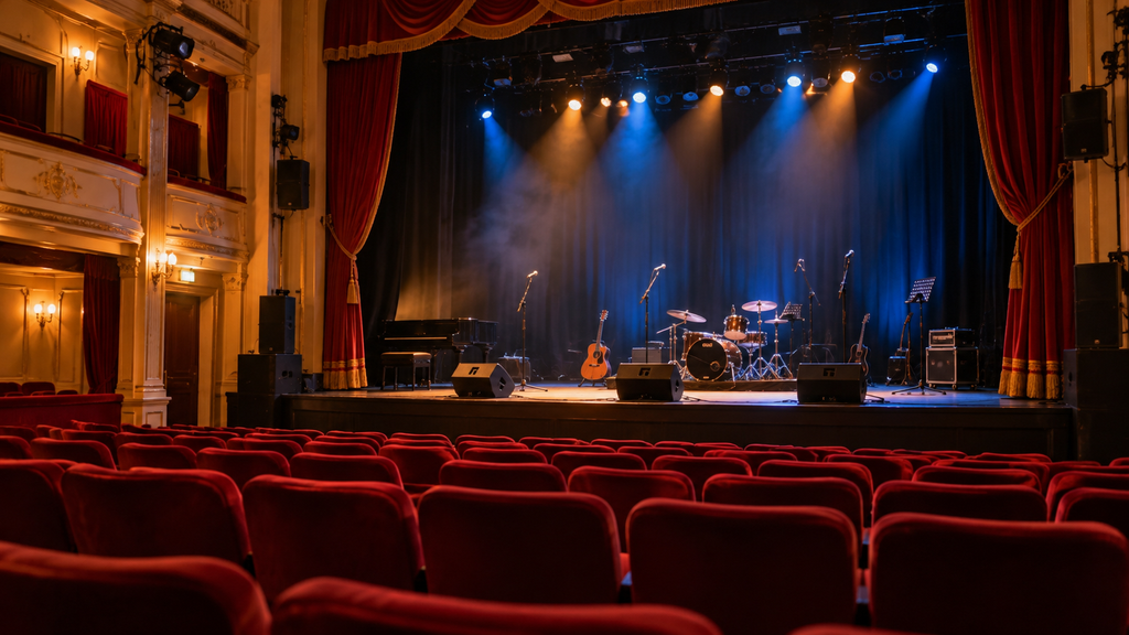 Teatro con poltrone rosse e palco illuminato, allestito per concerti e spettacoli teatrali
