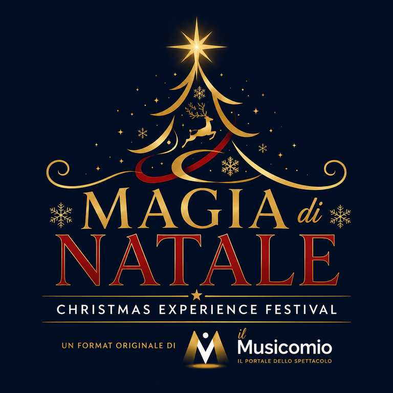 Locandina Magia di Natale – Christmas Experience Festival, con un albero di Natale dorato su sfondo blu notte.